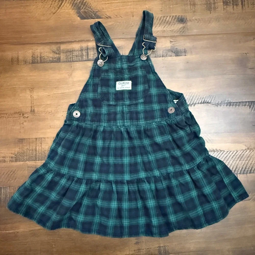 Oshkosh B'Gosh Girls Flannel Tiered Jumper 4T green/ navy plaid